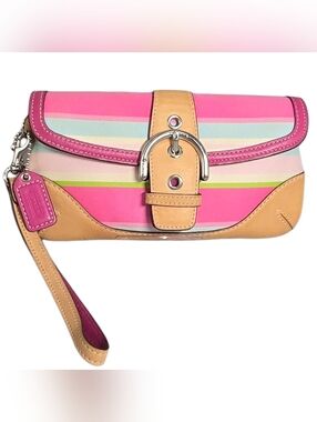 Coach Pink, Tan & Lime Stripe Wristlet Clutch